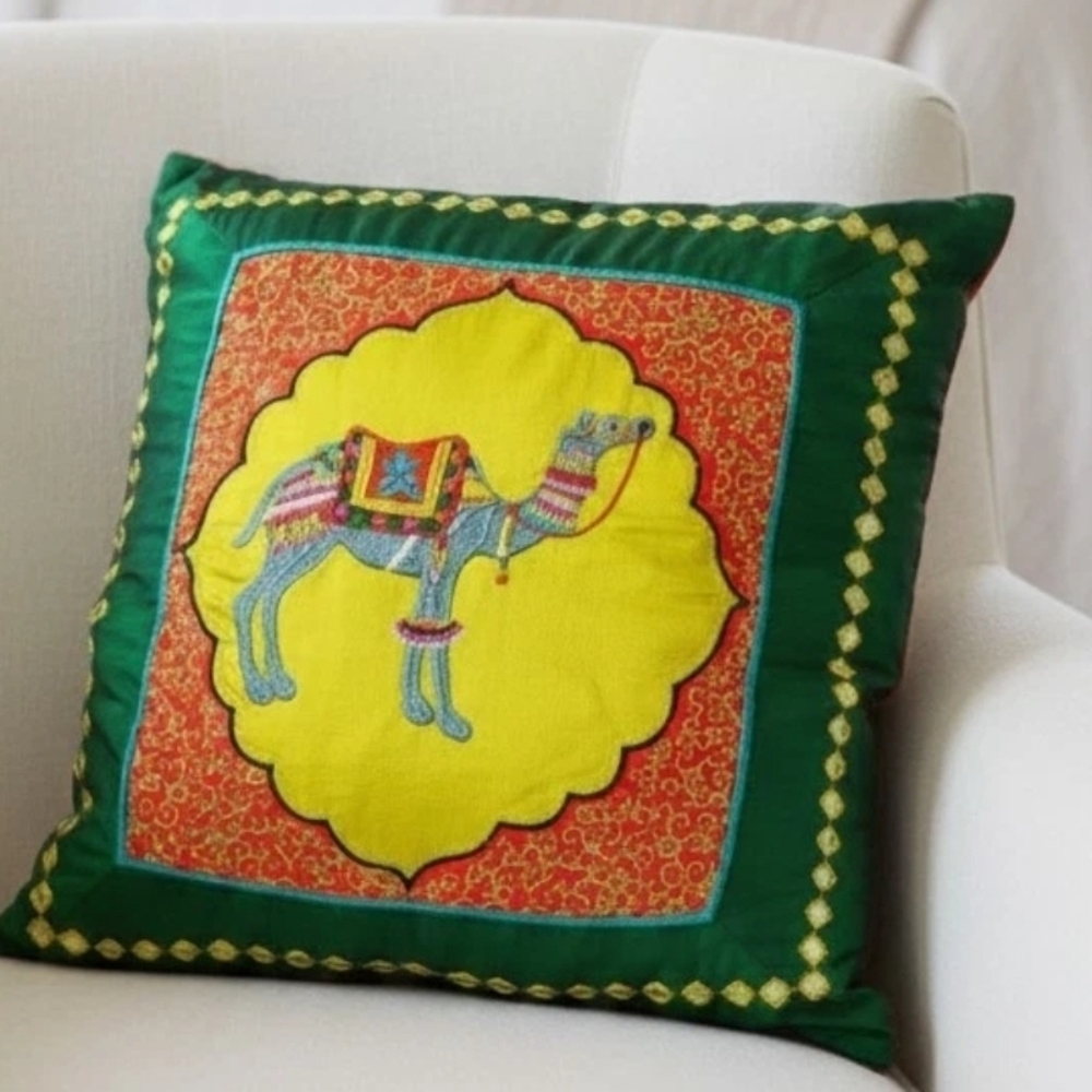 Raj the Camel, World Market Throw Pillow, Embroidered 17x17 Green Yellow Red